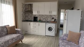 A compact living space with a kitchenette, a washing machine, and two sofas with floral upholstery.