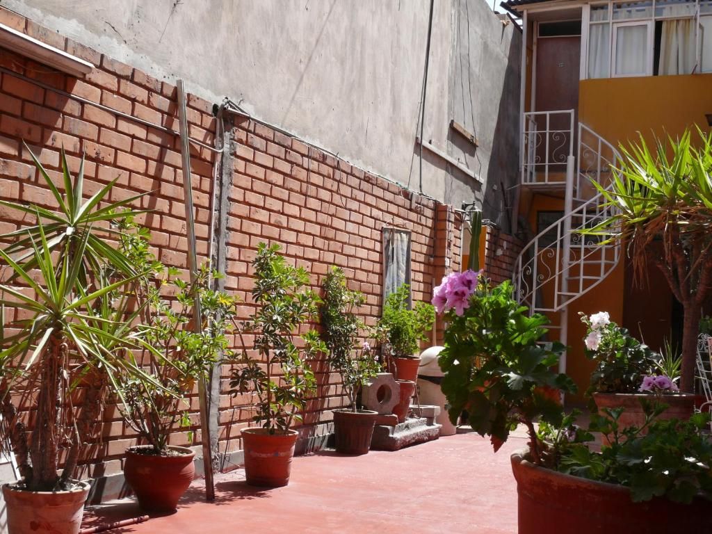 A courtyard with potted plants and a brick wall.
