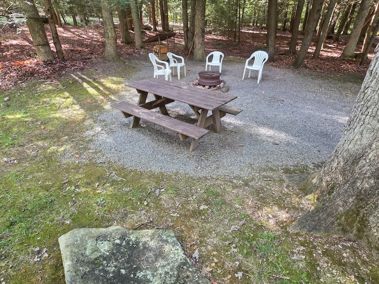 A picnic setup with a wooden table and chairs, surrounded by trees and a gravel area.