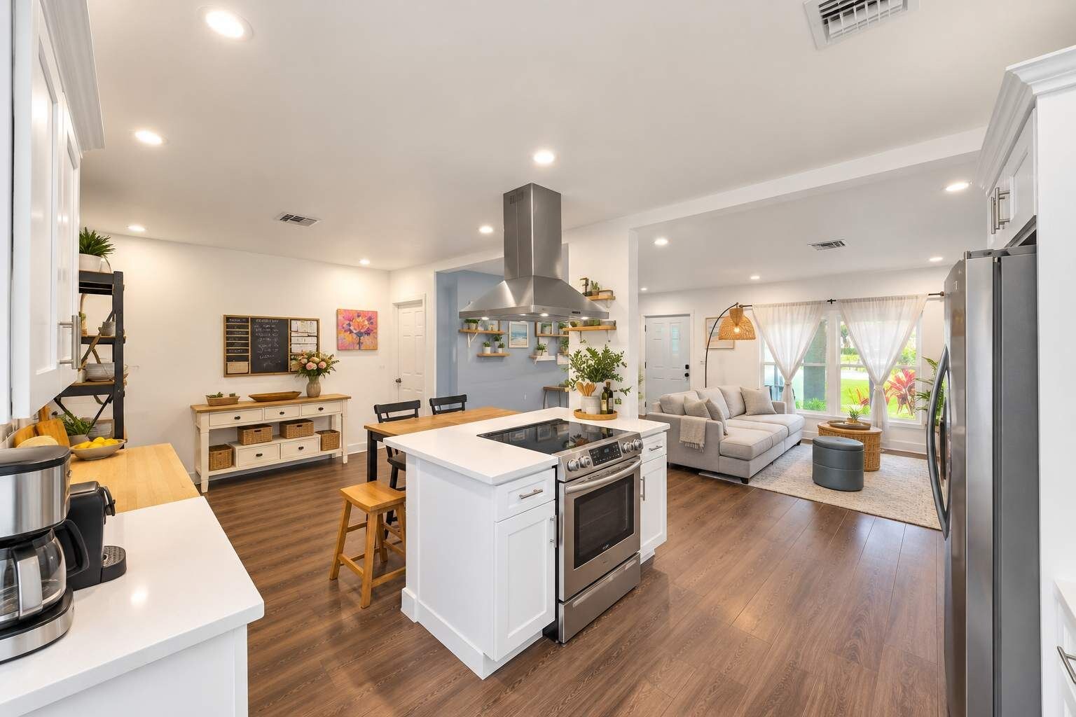 A modern kitchen with a central island, built-in oven, and a dining area with a sofa and chairs.