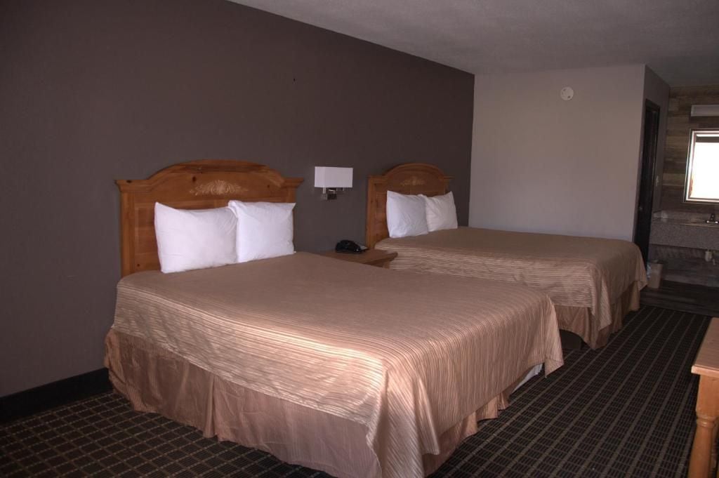 Une chambre d’hôtel avec deux lits, une table de chevet, une lampe et une fenêtre.