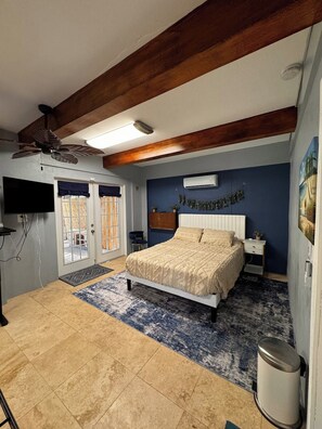 A bedroom with a bed, a TV, a ceiling fan, a window, and a door. - Private Lower-Level Suite w/ Pool Access (St. Petersburg)