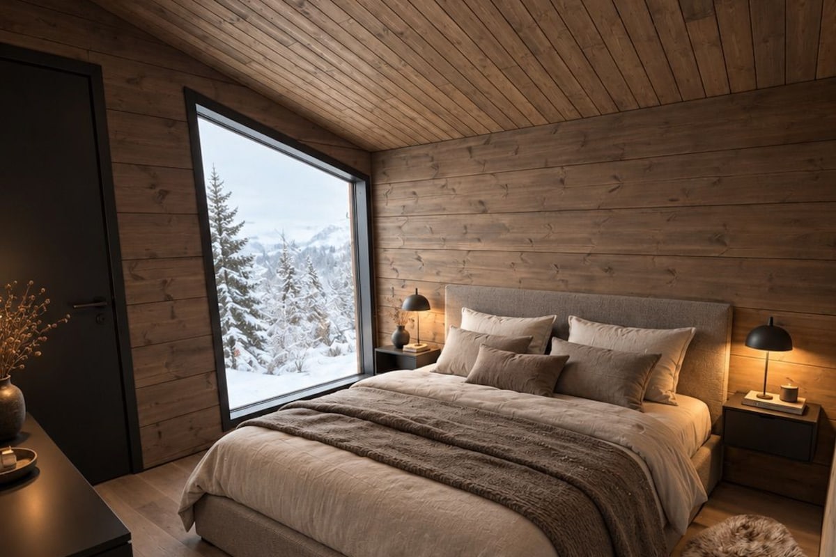 A bedroom with a large window, wooden ceiling, and a bed with multiple pillows.
