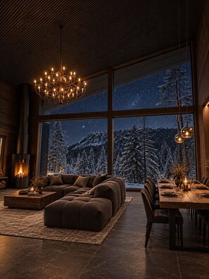 A cozy interior with a large window, a fireplace, and a dining area. - Ruka Timber Chalets  (Kuusamo)