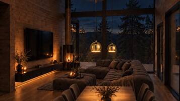 Ein modernes Interieur mit Holzboden, einem großen Esstisch und einer gemütlichen Sitzecke.