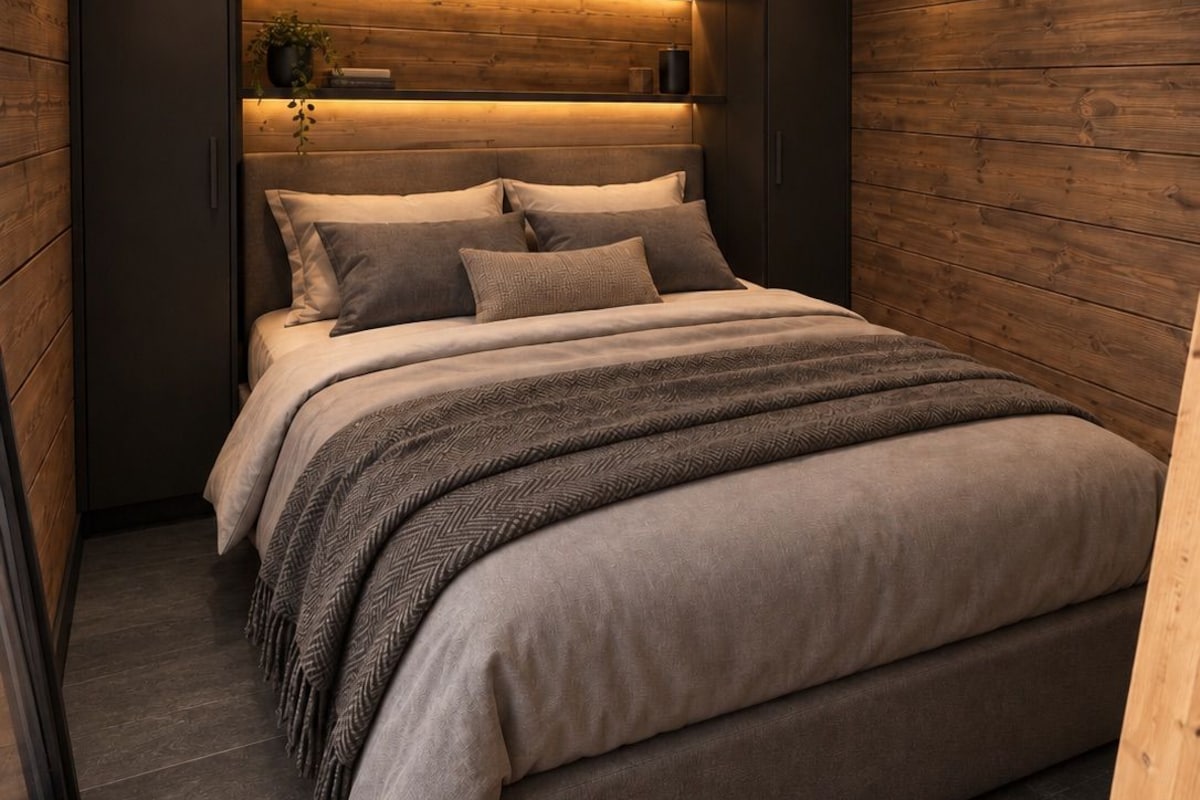 A modern bedroom with a large bed, dark wood paneling, and recessed lighting.