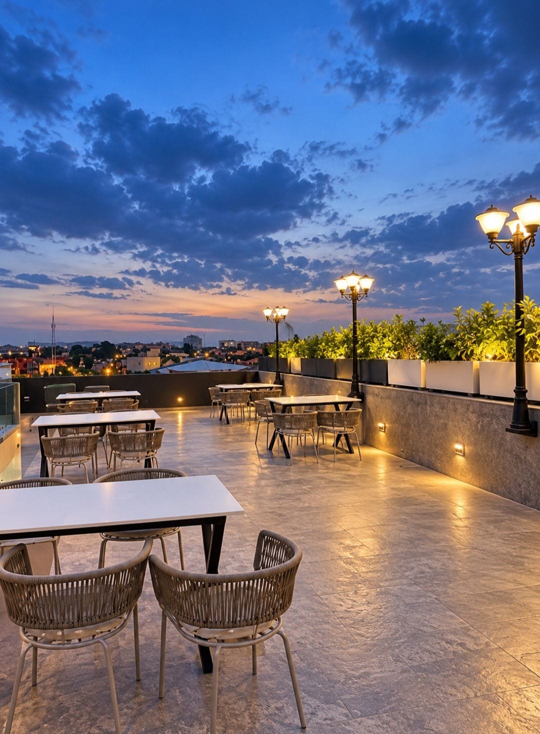 Un espace extérieur aménagé avec des tables et des chaises, offrant une vue sur le paysage urbain et agrémenté d’un éclairage décoratif.