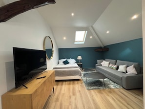 A modern loft bedroom with a skylight, a large bed, a sofa, and a TV. - New Listing (Choisy-le-Roi)