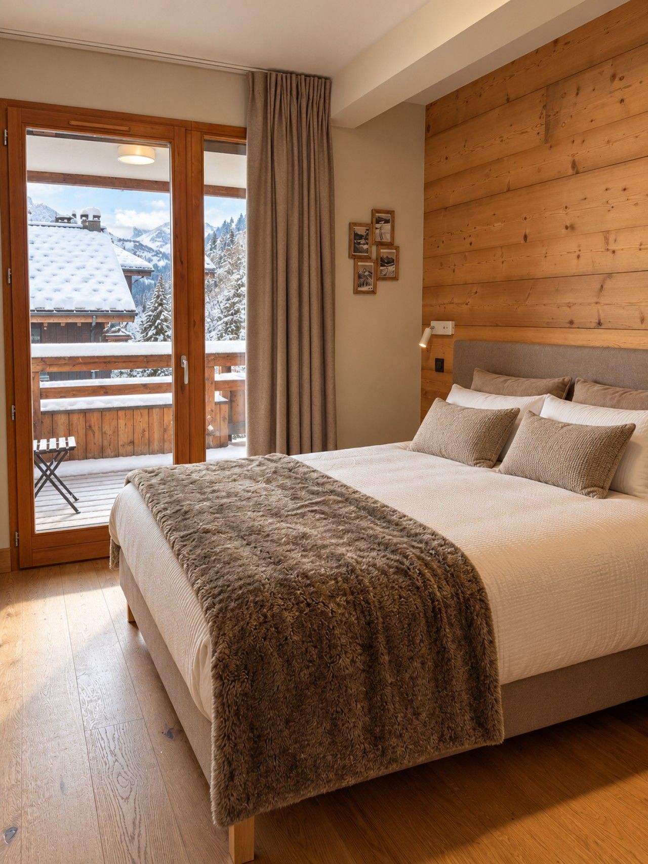 Un dormitorio con una cama grande, paredes de madera, un balcón con vistas a montañas nevadas y suelo de madera.