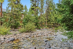 A natural outdoor setting with a stream, surrounded by dense trees and a wooden structure. - Beautiful apartment on the river, near shops and close to major skiing resorts. (Frisco)