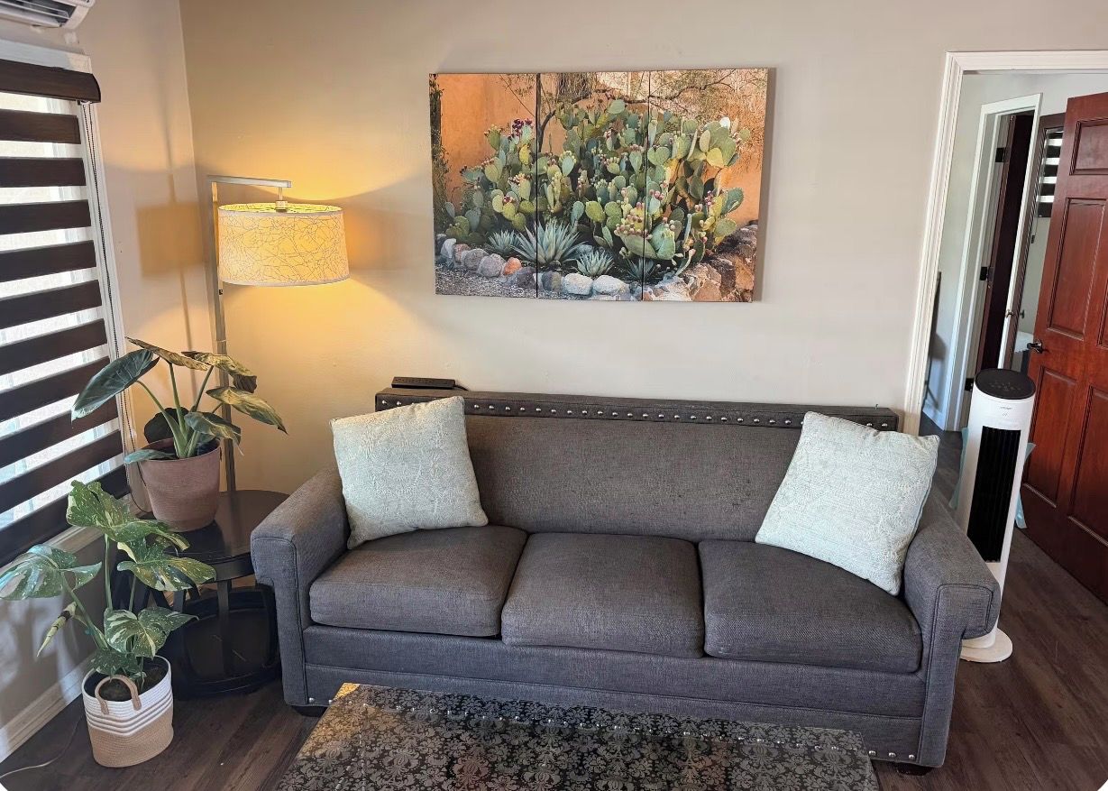 A living room with a gray sofa, two cushions, a floor lamp, and a cactus painting on the wall.