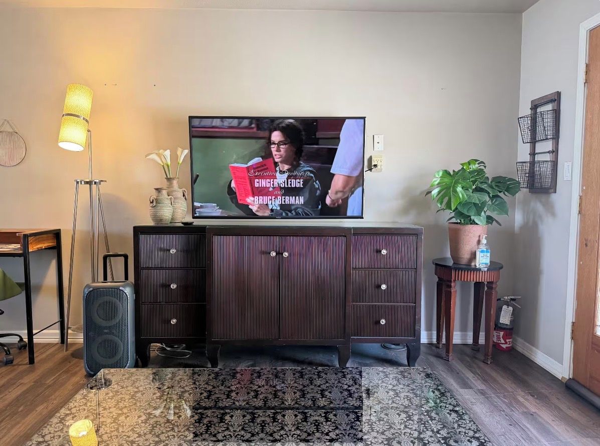 A living room with a television mounted on the wall, a dark wooden cabinet, a patterned rug, a potted plant, and a small table with a bottle.