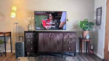 A living room with a television mounted on the wall, a dark wooden cabinet, a patterned rug, a potted plant, and a small table with a bottle.