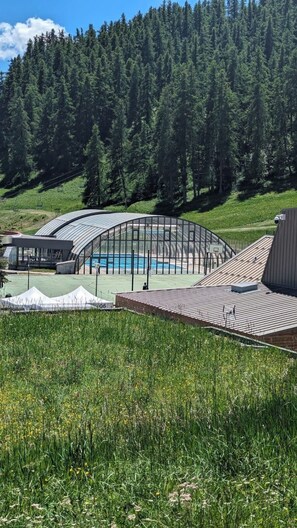 A pool area with a curved roof structure, surrounded by a grassy field and a forested hillside. - Studio 4pers - terrasse - 300m des pistes (Guillaumes)