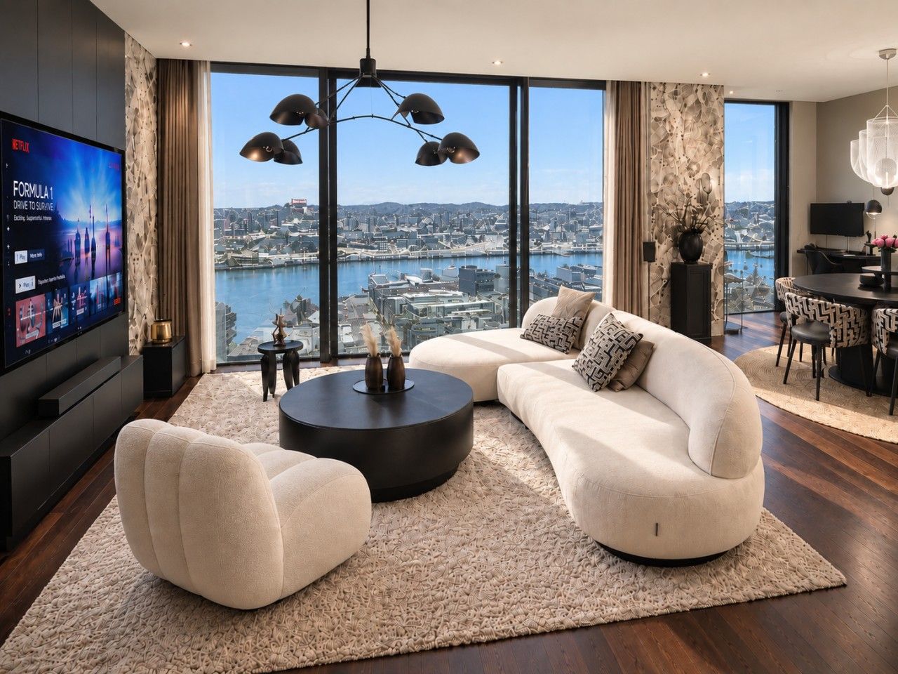A modern living room with a large sofa, a coffee table, and a TV mounted on the wall.
