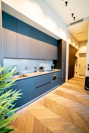 A modern kitchen with dark cabinetry, a wooden herringbone floor, and a visible coffee maker.