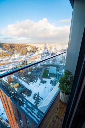 A view from a balcony with a railing, a potted plant, and a snowy landscape. - Karlatornet View Apartment (Gothenburg)