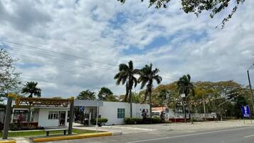 Vista de la calle con una gasolinera, palmeras y un cielo despejado.