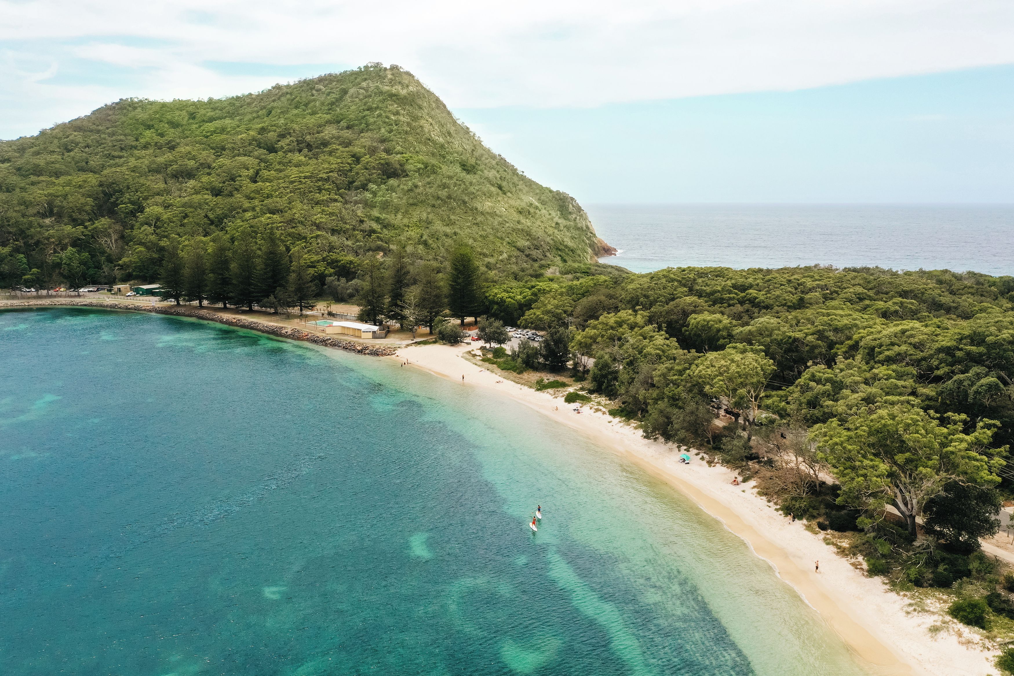 Vista aerea di una zona costiera con spiaggia, acque cristalline color turchese e una collina ricoperta di bosco.