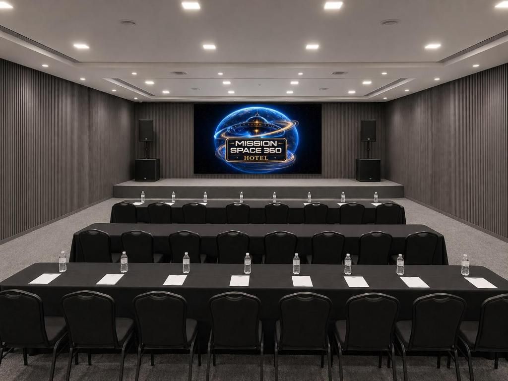 A conference room with a large screen displaying 'MISSION SPACE 360 HOTEL' logo, multiple rows of black chairs, and water bottles on the tables.