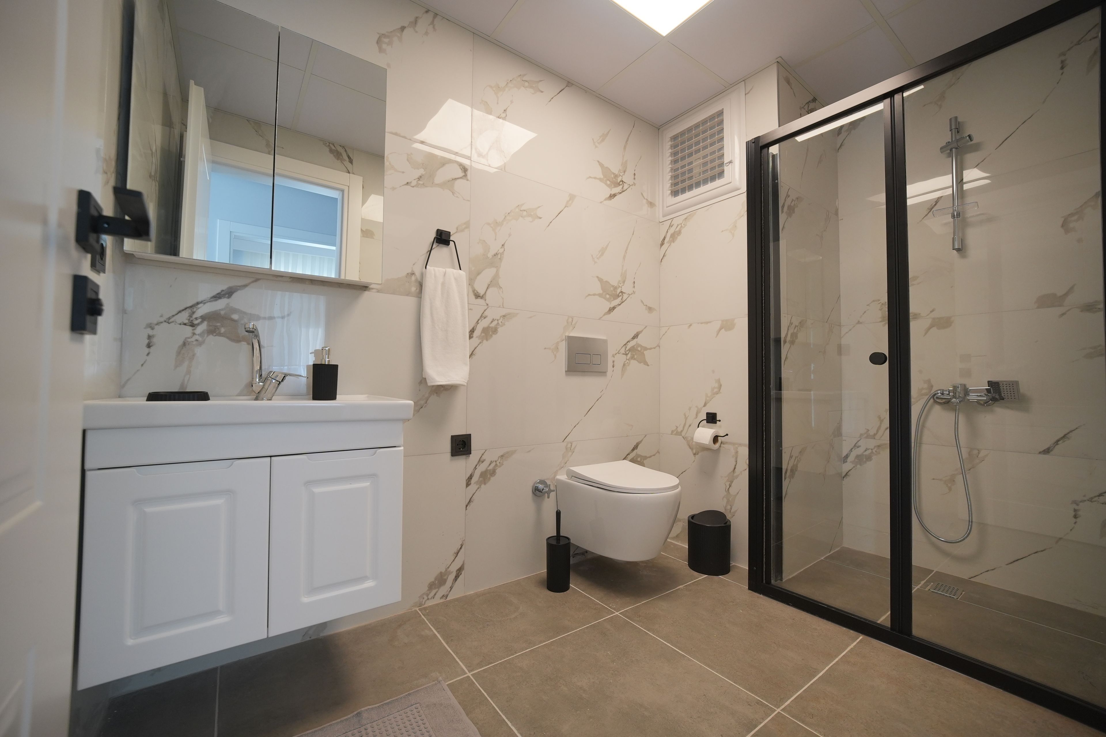 A modern bathroom with a glass shower enclosure, a toilet, and a vanity with a mirror.
