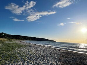 A beach with a clear sky, waves, and a forested hill in the distance. - Lovely holiday home near the beach (Asnæs)
