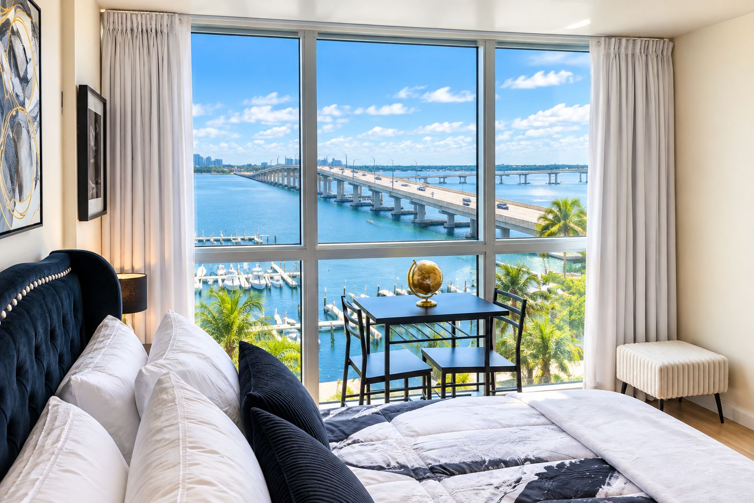 A bedroom with a large window overlooking a marina and a bridge, a bed with white and black bedding, a small table with a globe, and a chair.