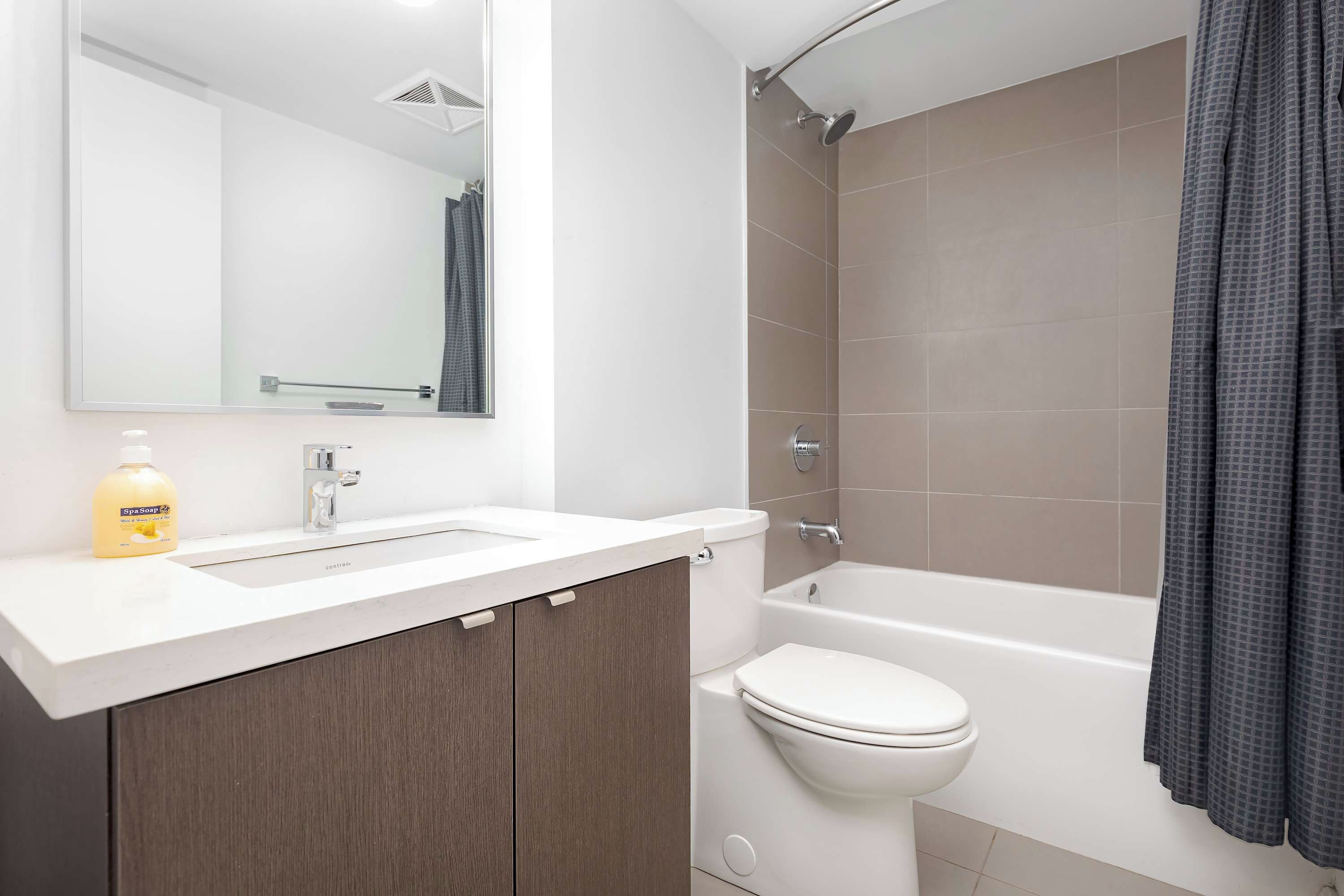 A bathroom with a white sink, a mirror, a bottle of soap, a toilet, and a bathtub.