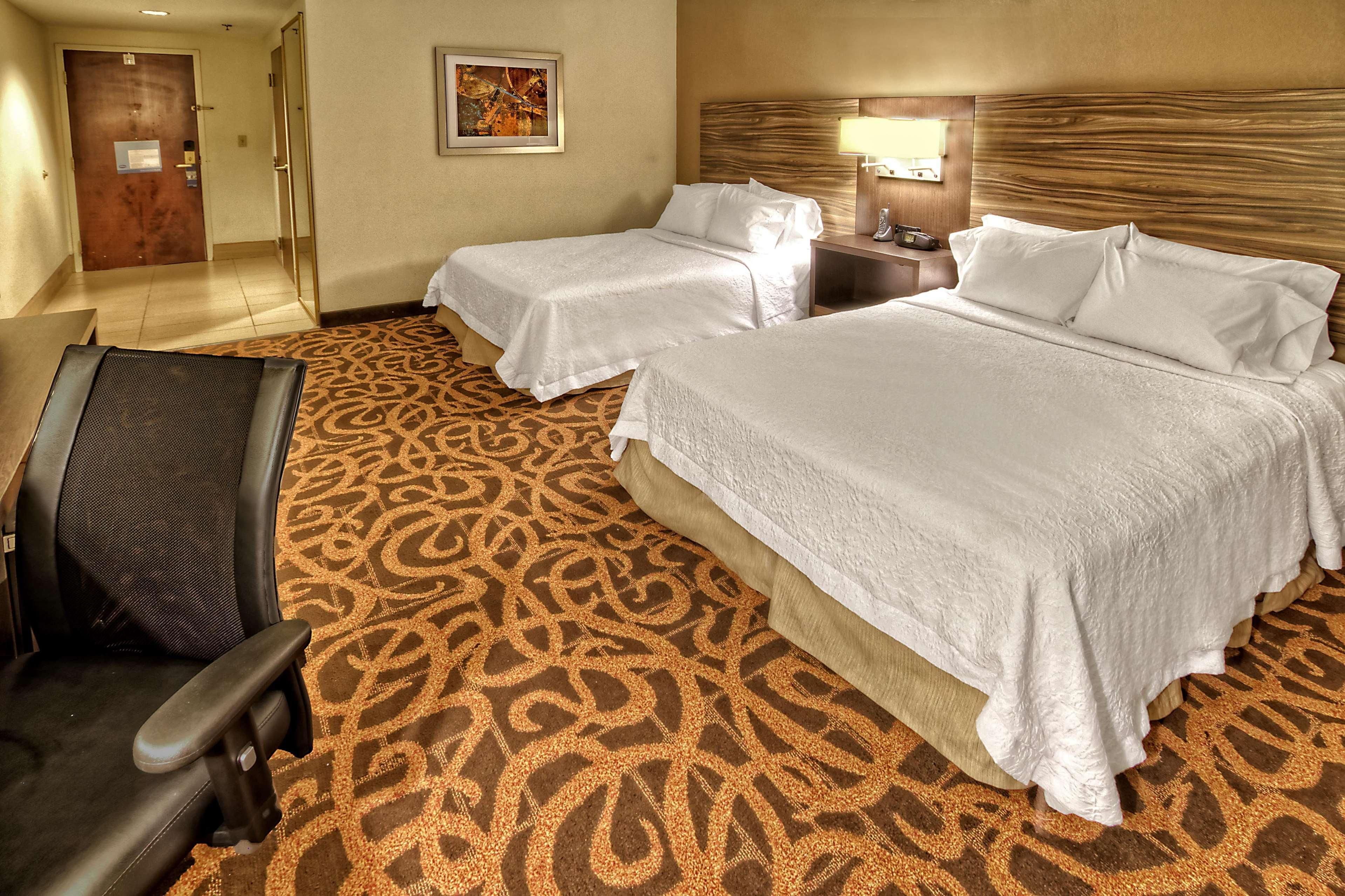 A hotel room with two beds, a desk, a chair, and a patterned carpet.