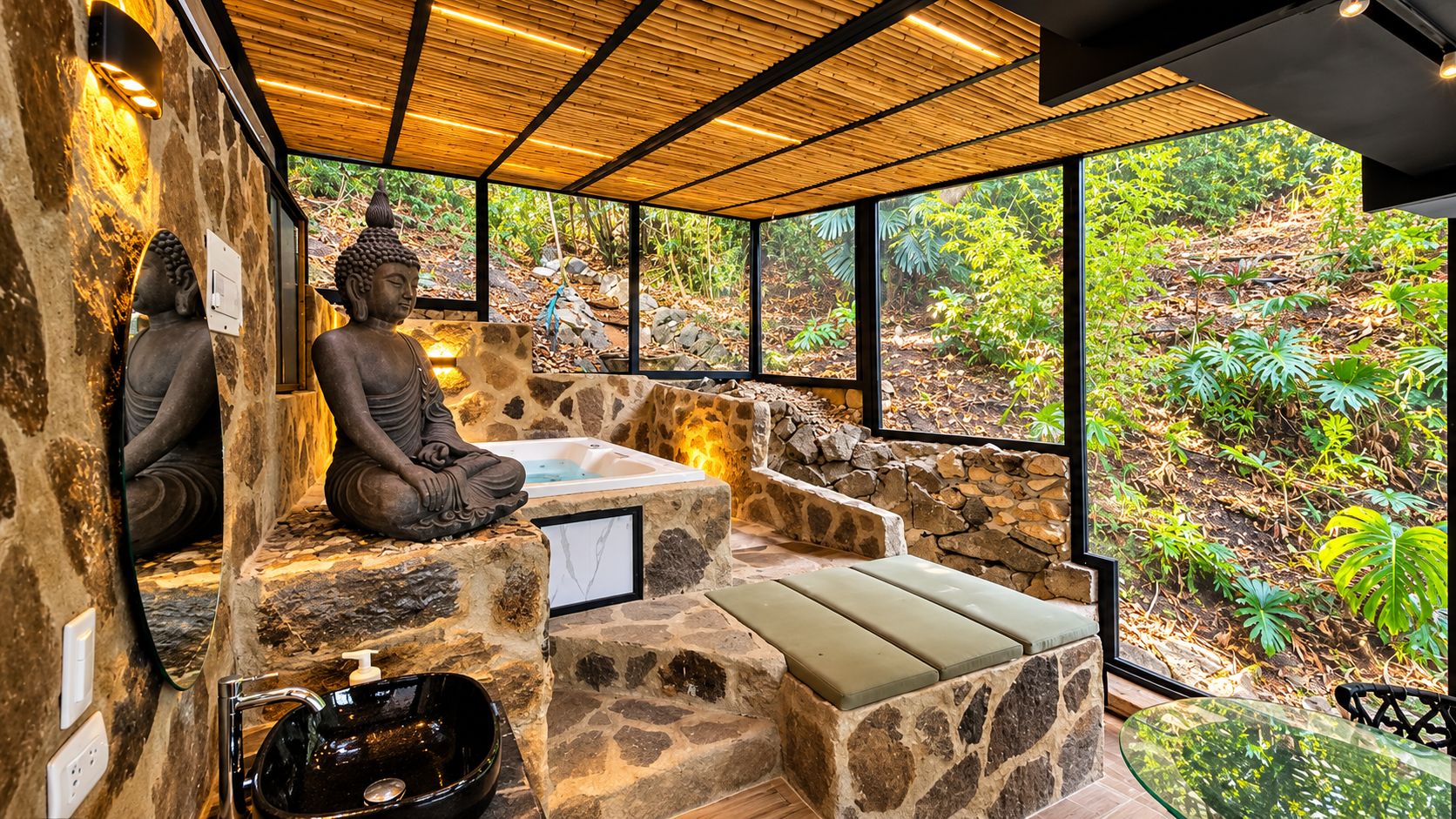 Un espace de méditation doté de bancs en pierre et d’une statue de Bouddha, le tout entouré d’une structure en verre offrant une vue sur un jardin.