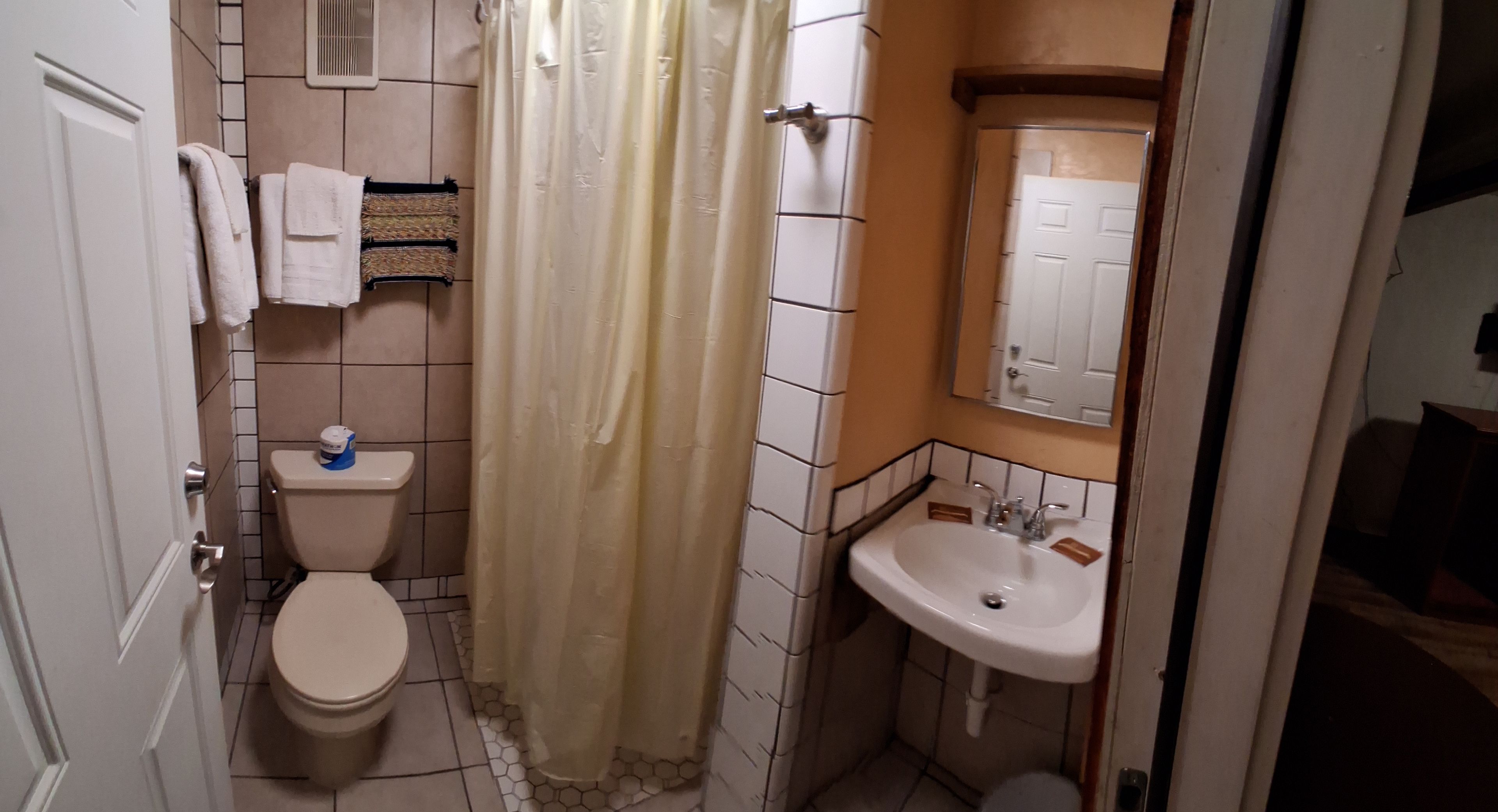 A bathroom with a toilet, a sink, and a shower curtain.