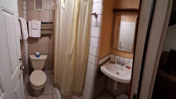 A bathroom with a toilet, a sink, and a shower curtain.