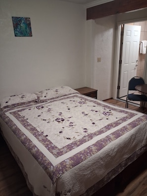 Una camera da letto con un letto, un comodino, una sedia e una porta.
