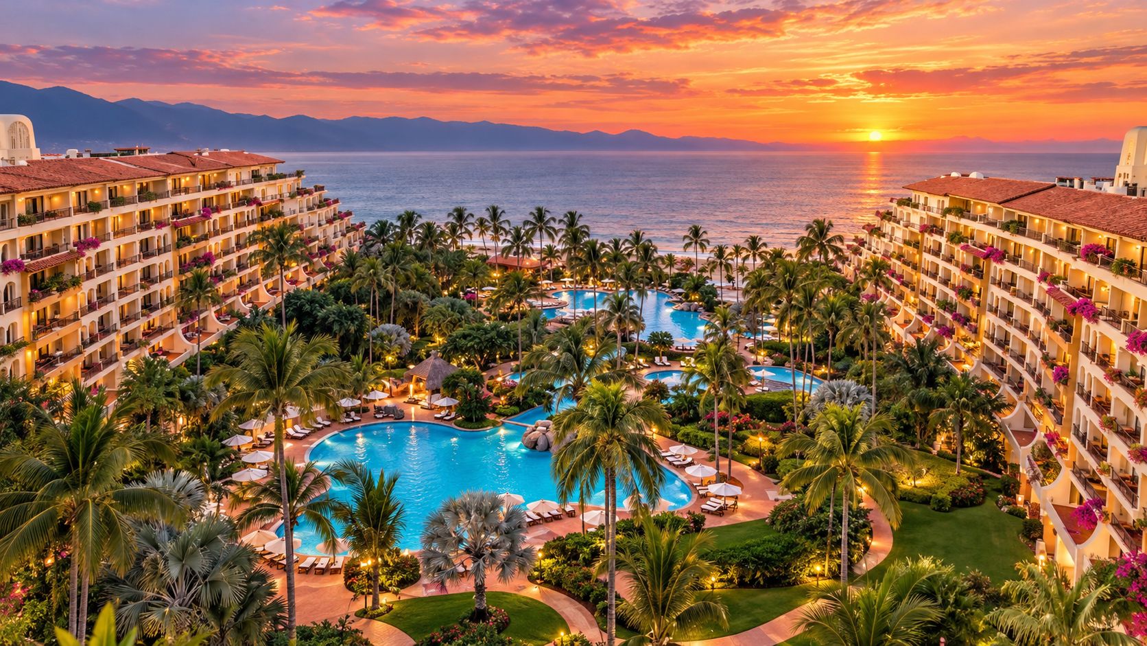 Ein Resort mit mehreren Schwimmbecken, Palmen und Blick auf den Sonnenuntergang.