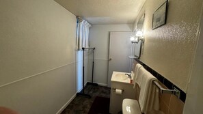 A small bathroom with a toilet, sink, and shower area.