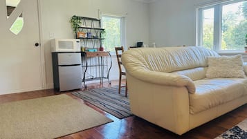 Ein Wohnzimmer mit einem beigefarbenen Sofa, Holzboden, einer Küchenzeile inklusive Kühlschrank und Mikrowelle sowie einem Fenster mit Tageslicht.