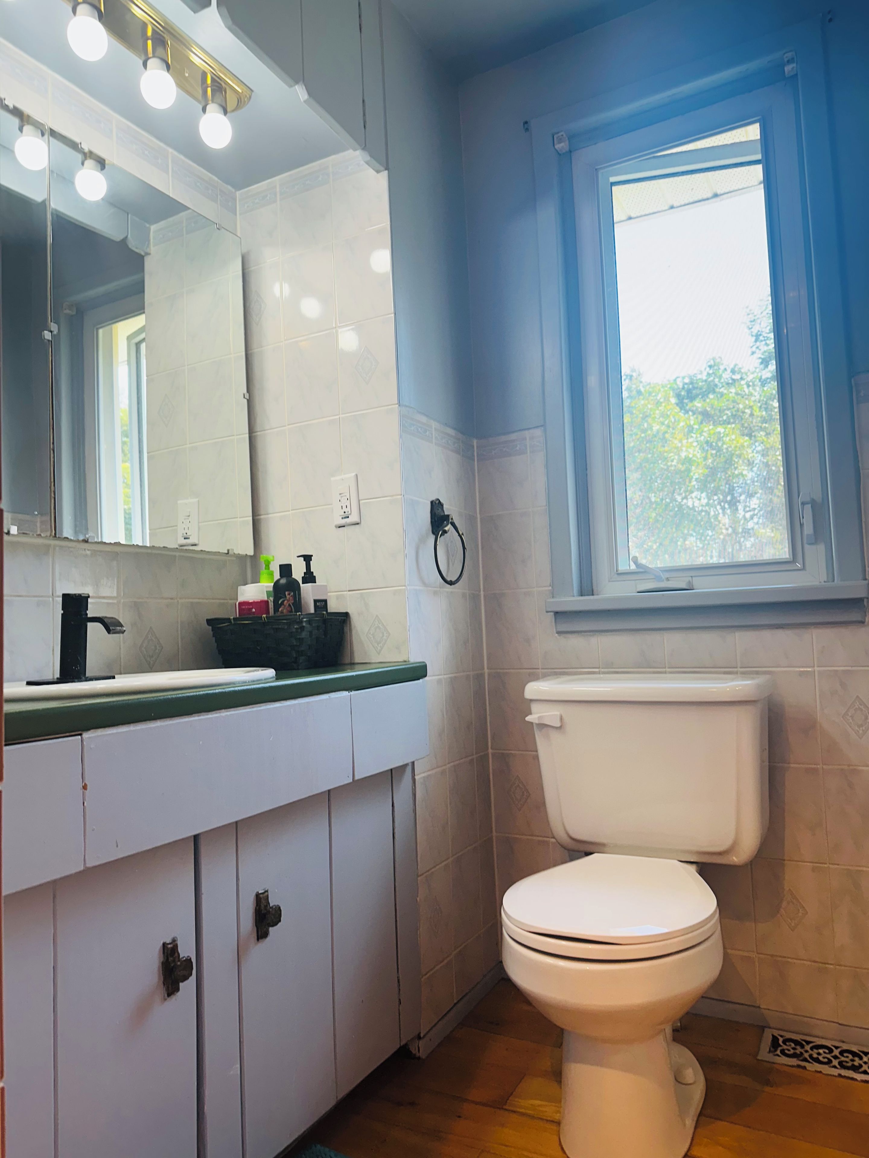 Un baño con inodoro blanco, un lavamanos con encimera verde, un espejo sobre el lavamanos y una ventana con vistas a árboles.