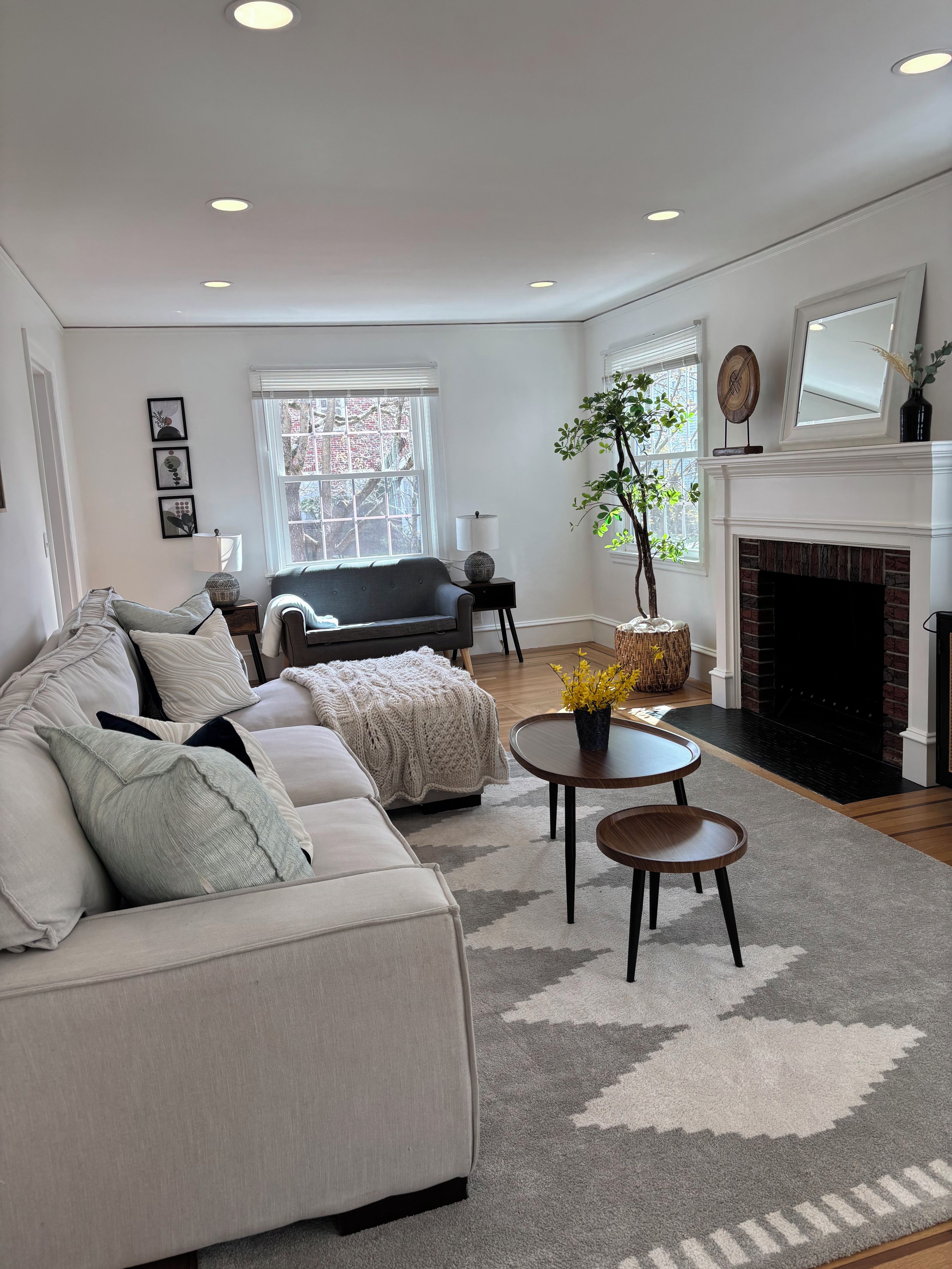 A living room with a sofa, a fireplace, a window, and a rug.