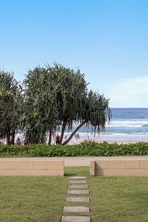 A pathway leading to a beach with palm trees and ocean views. - Little Waves Tugun Beach Retreat (Tugun)