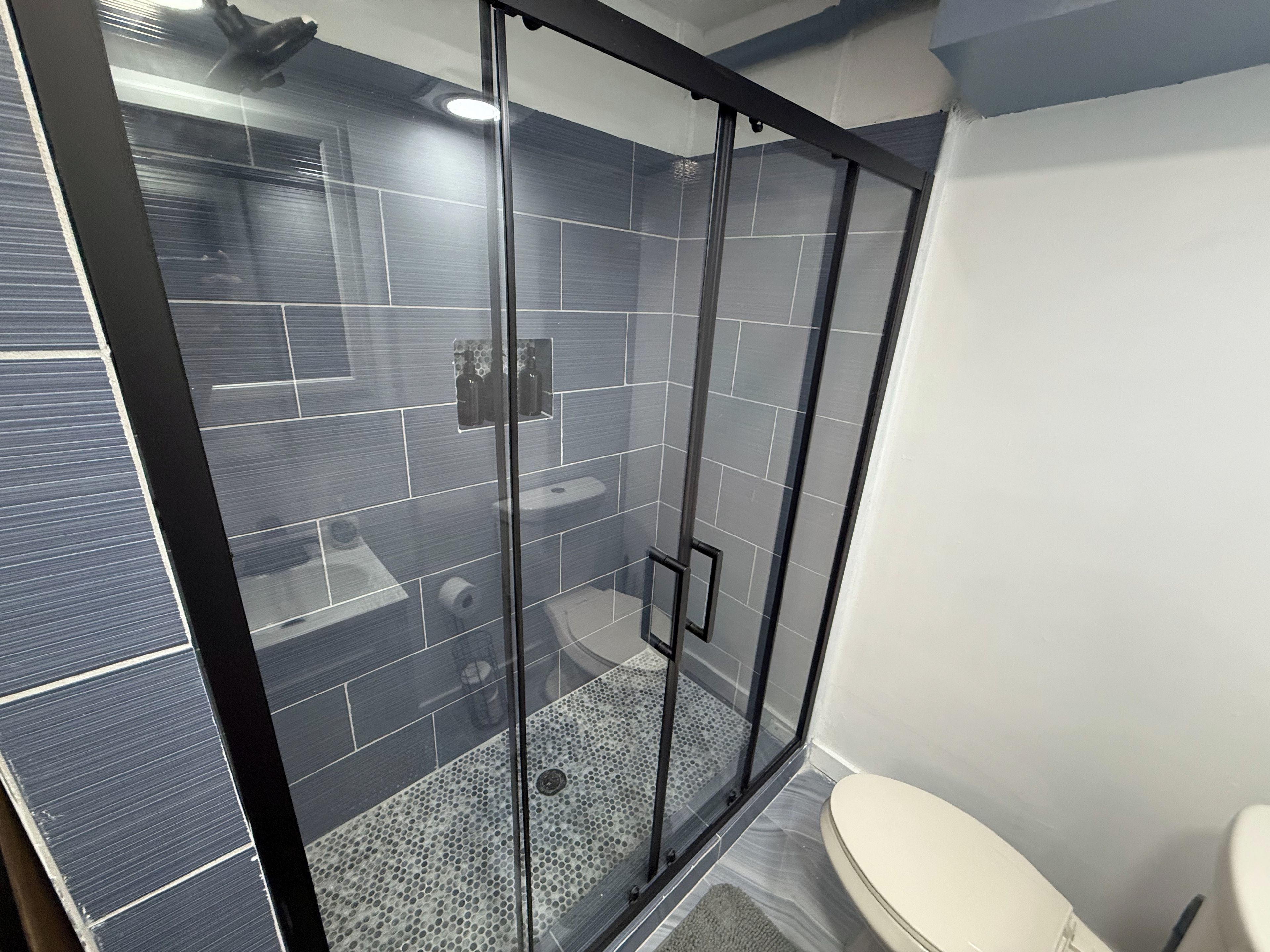A modern bathroom with a glass shower enclosure, a toilet, and a sink.