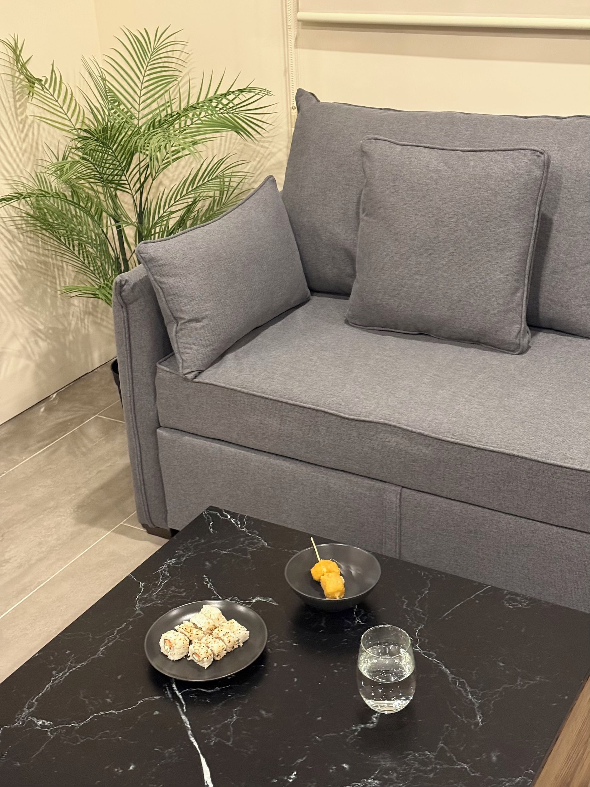 Un sofá gris con dos cojines, una mesa de centro de mármol negro con una bandeja de sushi y un vaso de agua, y una planta en maceta al fondo.