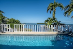 A clear blue pool with a white fence, palm trees, and a view of the ocean. - Evie Mar | Keys Waterfront Escape + Pool & Dock & Kayak & Paddle board & Fishing (Marathon)