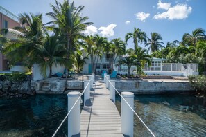 A wooden dock leading to a building with a pool, surrounded by palm trees and a clear sky. - Evie Mar | Keys Waterfront Escape + Pool & Dock & Kayak & Paddle board & Fishing (Marathon)