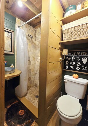 A bathroom with a shower, toilet, and a wall with animal illustrations.