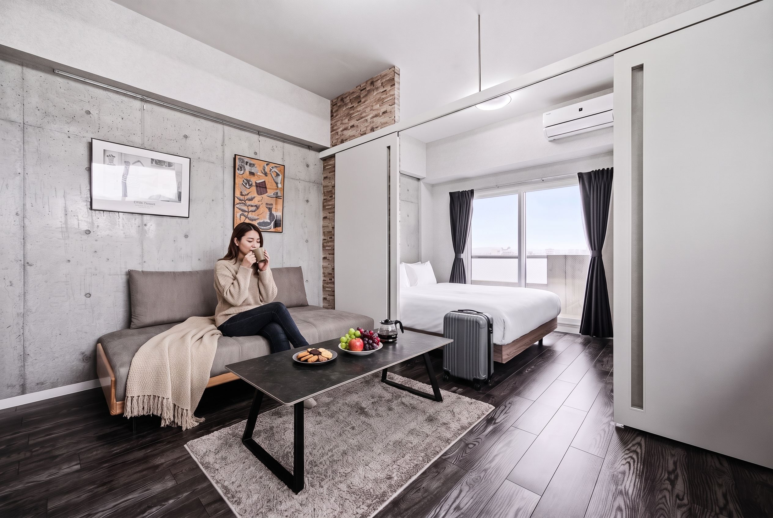 A modern hotel room with a sofa, a bed, a dining table with food, a suitcase, and a view of the city.