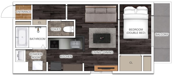 A floor plan of a hotel room with a bathroom, powder room, kitchen, living/dining area, and a balcony. - J-STAR 802 (Sapporo)