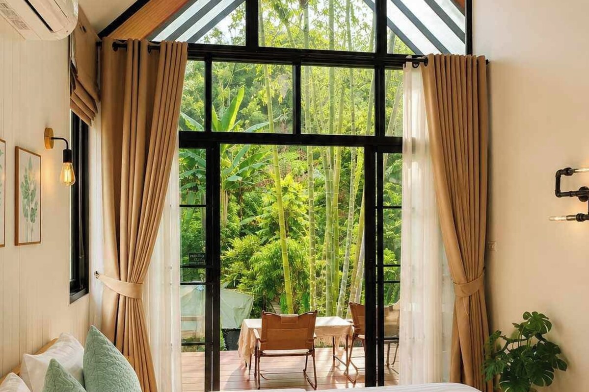A bedroom with a large bed, a window with curtains, a table with chairs outside, and a plant.