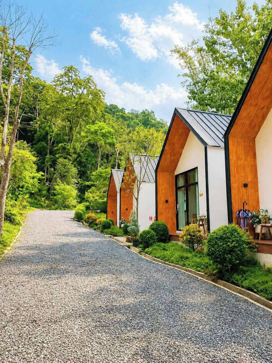 Un sentier mène à une rangée de chalets modernes aux façades en bois et aux grandes fenêtres, le tout entouré d’une végétation luxuriante.