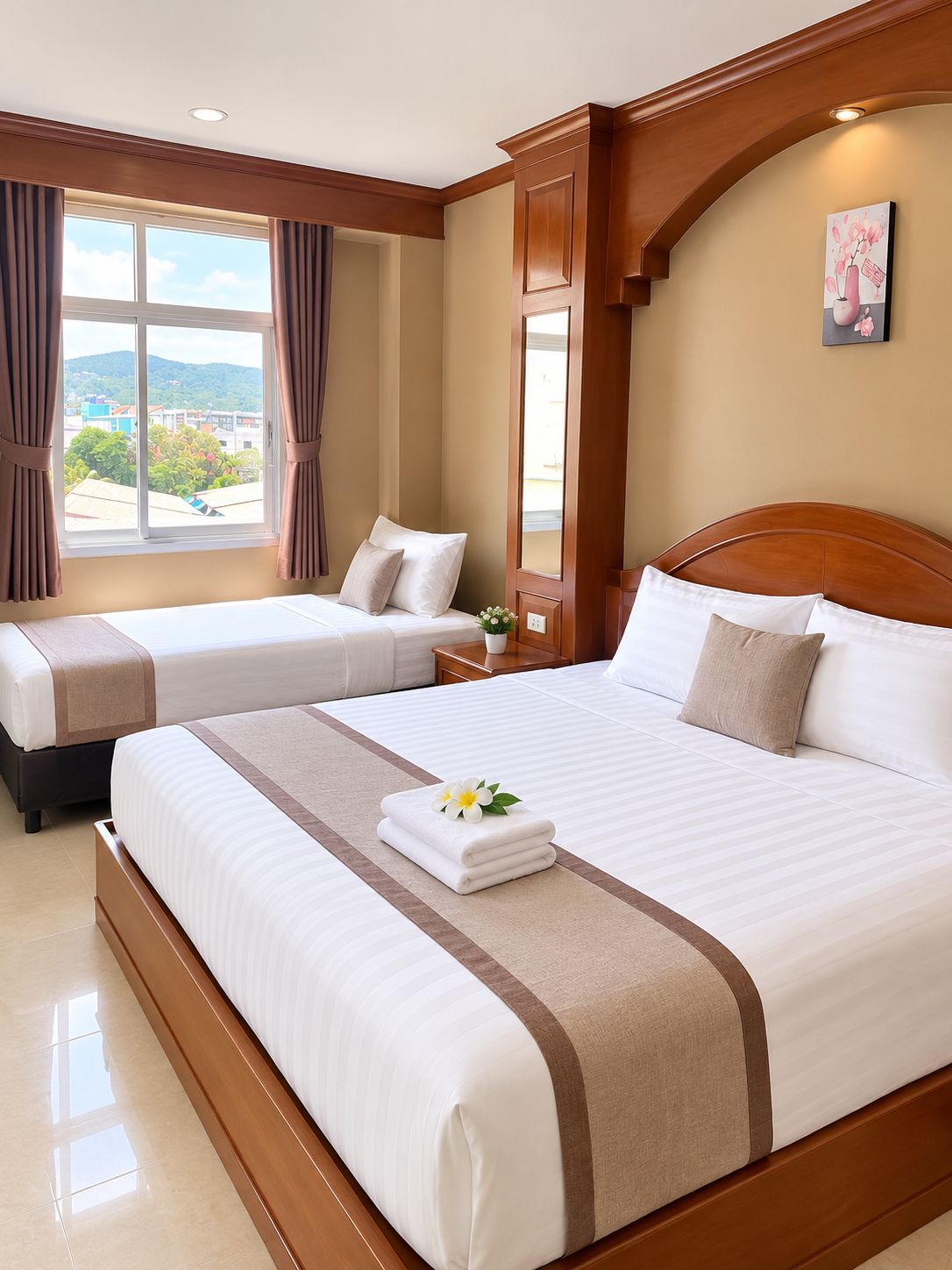 A hotel room with two beds, a large window with curtains, a painting on the wall, and a view of the outside.