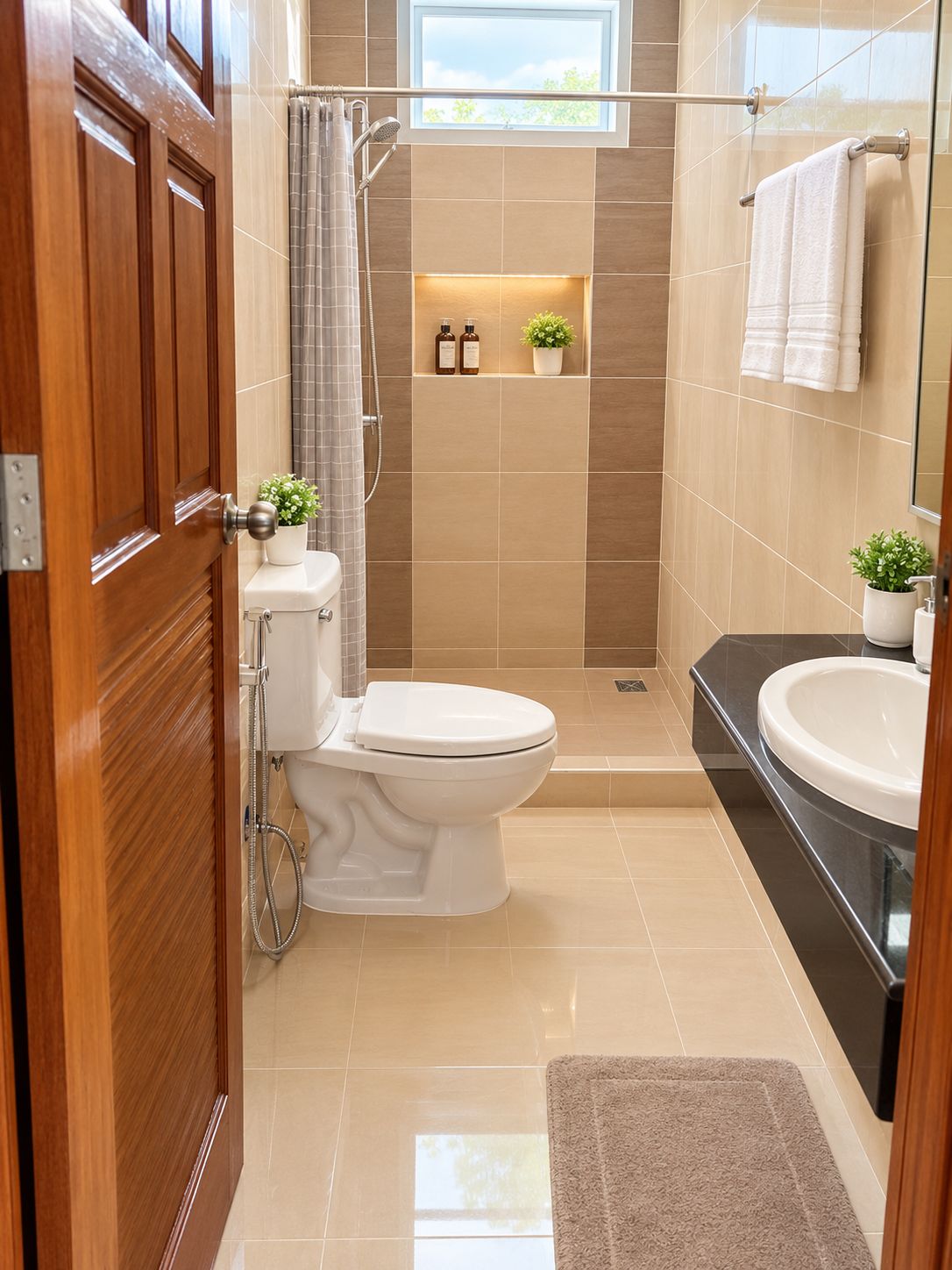 Un baño pequeño y funcional con inodoro, ducha y lavamanos. Hay un estante con artículos de aseo y una planta en maceta.